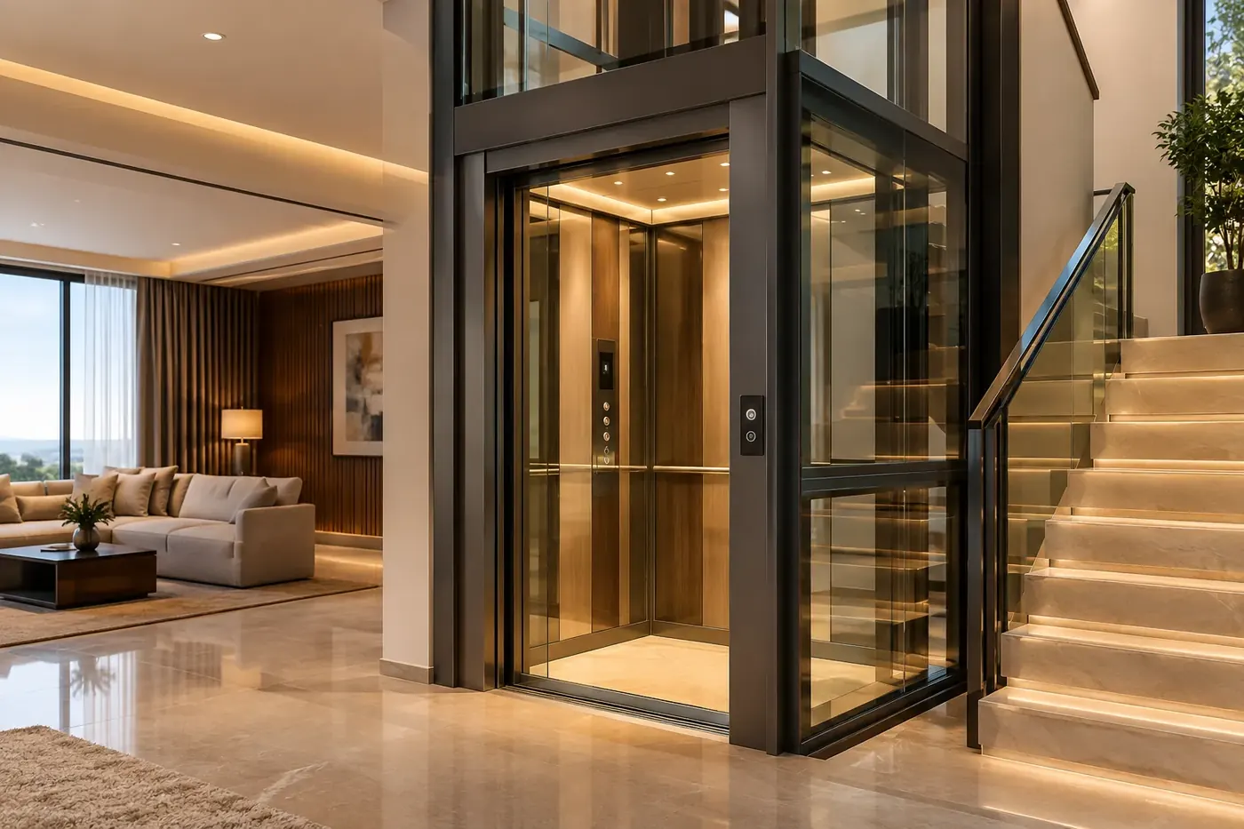 Glass-enclosed home lift beside a timber staircase in a warm, contemporary living space