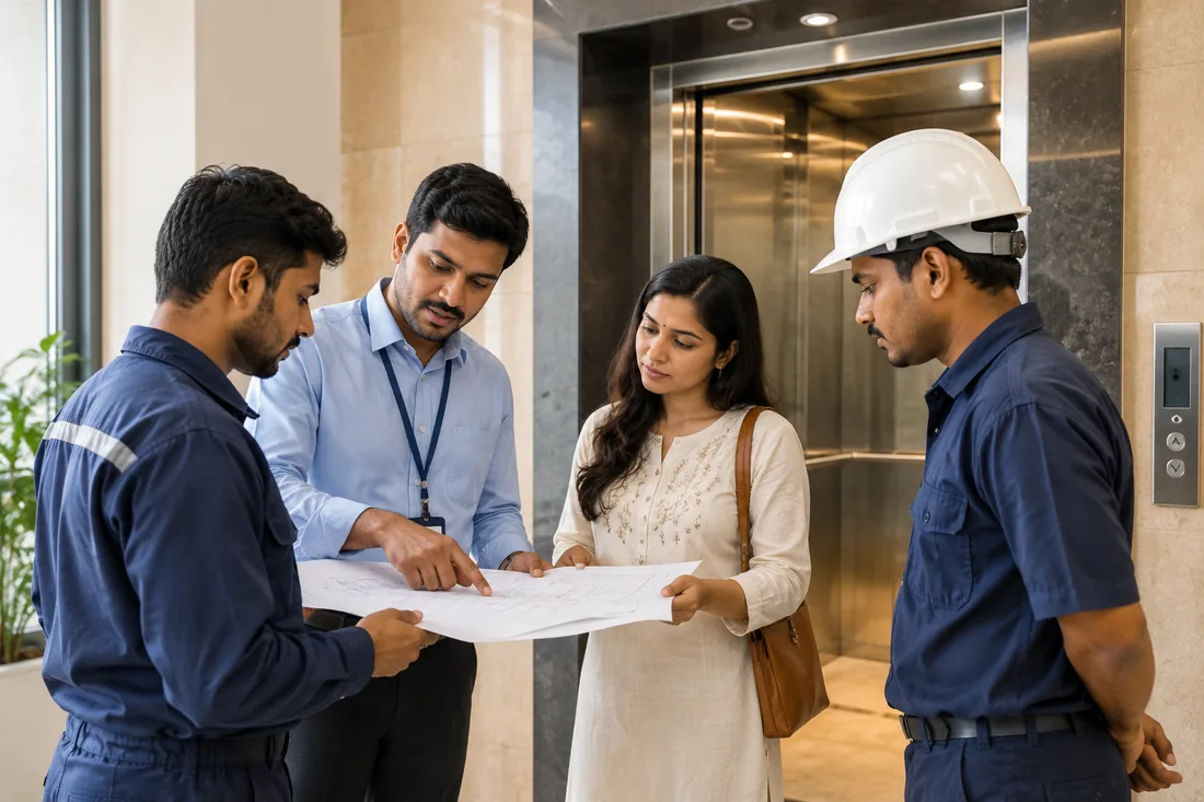 Eider team reviewing lift plans with a client in a building lobby