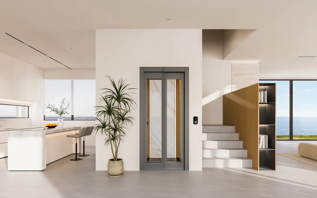 Modern home interior with a glass-panelled lift beside a staircase and a potted plant