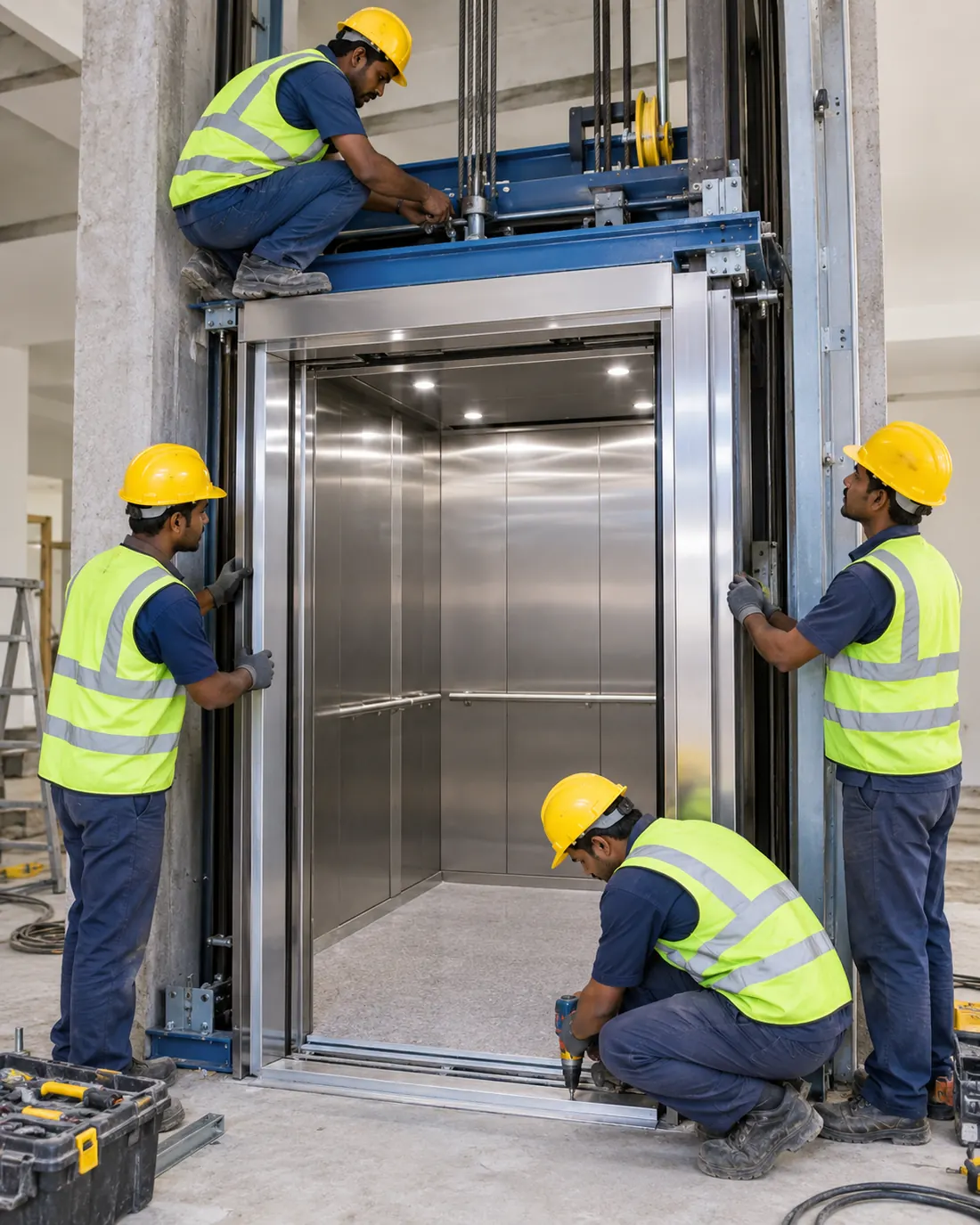 Eider technicians in safety gear installing a stainless steel lift car
