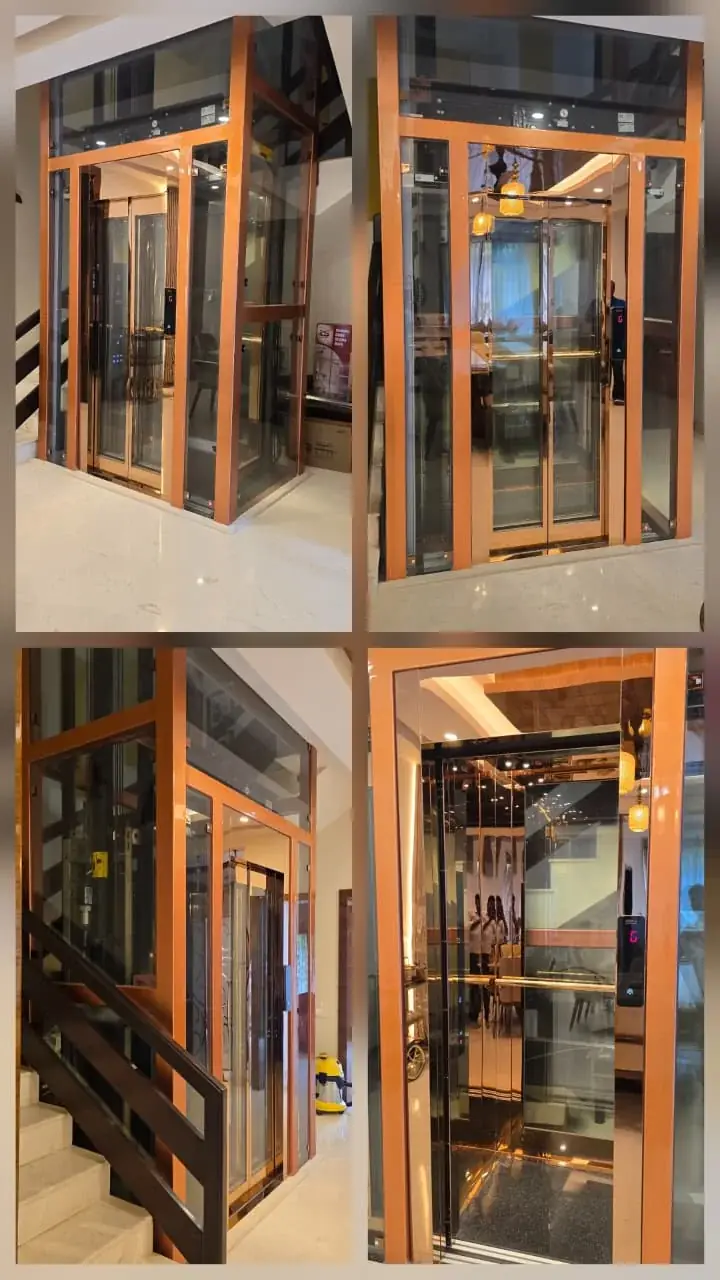 Glass lift with timber frame, shown from two angles