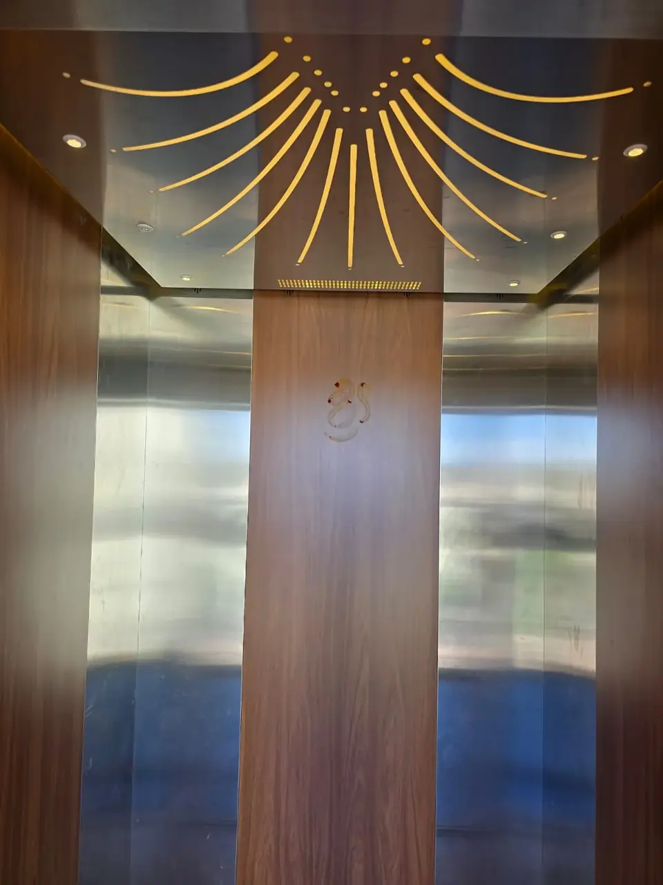 Lift cabin with timber panel and gold ceiling detail