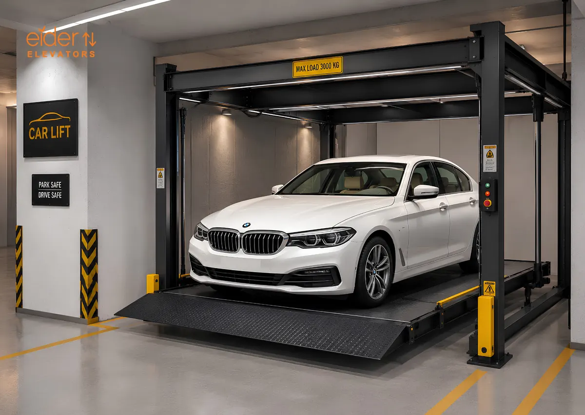 Car lift platform carrying a white sedan