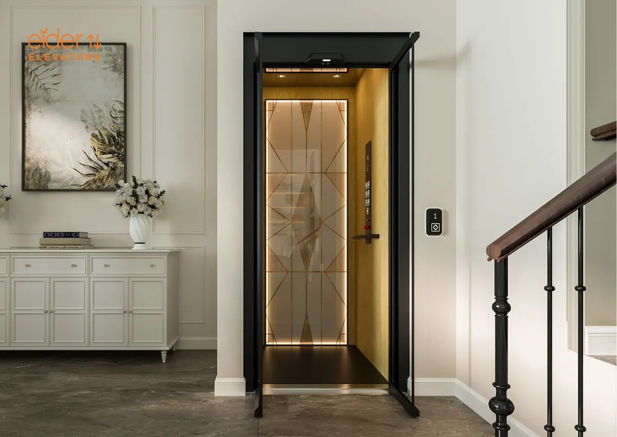 Bespoke lift with timber cabin in a residential hallway