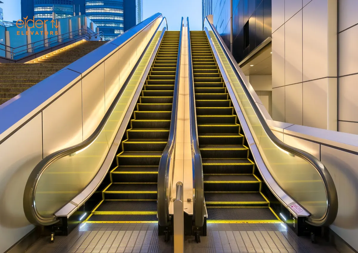 Pair of escalators rising through a modern commercial building