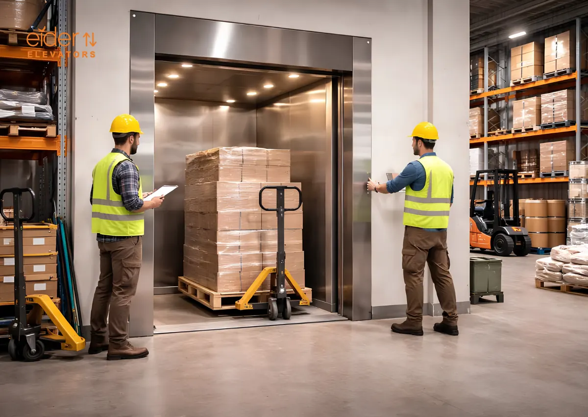 Freight lift in a warehouse loaded with palletised goods