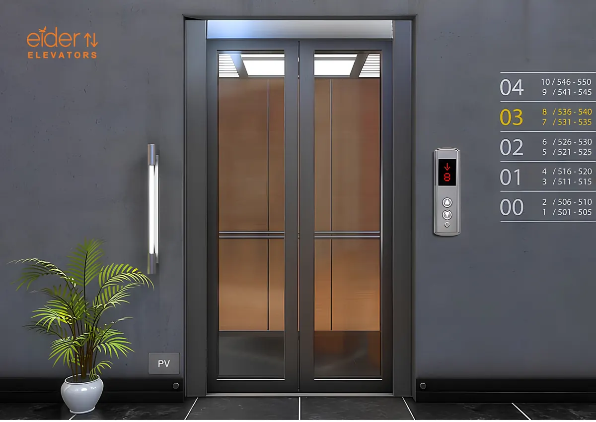Passenger lift with timber-finish doors and floor indicator